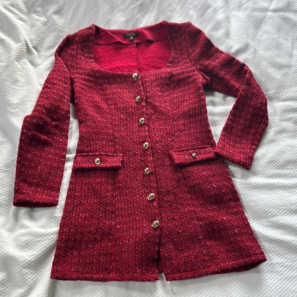 Chic Red Tweed Long Blazer Dress with Gold Buttons